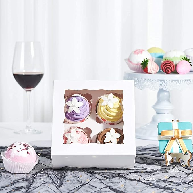 RomanticBaking 50 Pack White 4 Cupcake boxes with Window Chocolate Bomb Boxes Bakery Box Cookies Boxes Strawberry Boxes