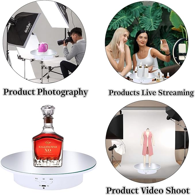 JAYEGT Motorized Rotating Display Stand, 7.87inch /17.6lbs Load, 360 Degree Electric Rotating Turntable for Photography Products, Jewelry，5 Colors Backgrounds, Mirror Cover (White/Remote Control)