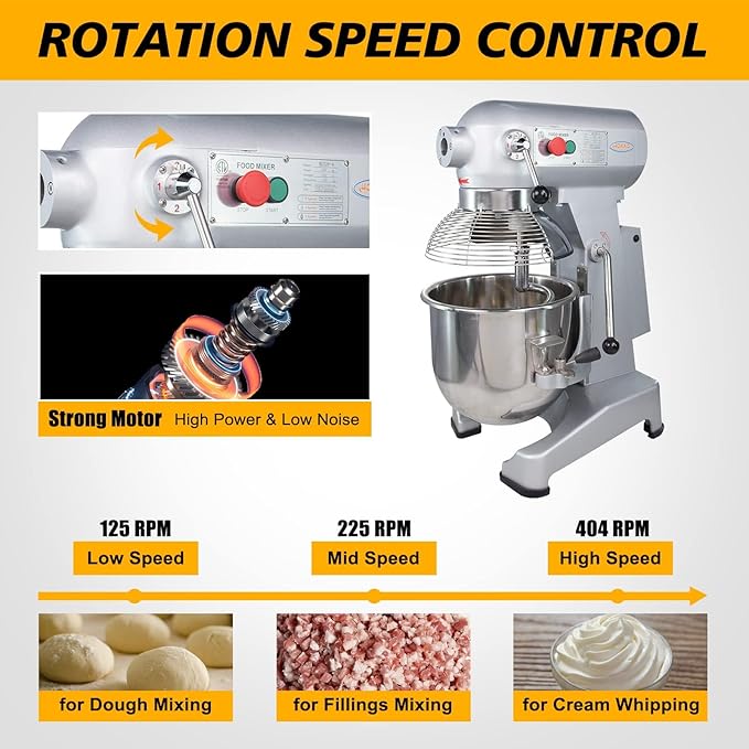 HAKKA Commercial Food Mixer 30Qt, Dough Mixer Machine with Stainless Steel Bowl 4 Functions 3 Speeds Adjustable 1100W/110V Heavy Duty Food Processer Stand Mixer With Safety Guard