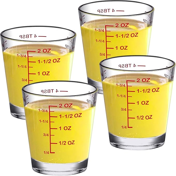 Amazing Abby - Melinda - 4-Pack Plastic Measuring Cups, 2-Ounce Unbreakable Shot Glasses, Food-Grade Measuring Jugs, Stackable and Dishwasher-Safe, Great for Espresso, Liquor, and More