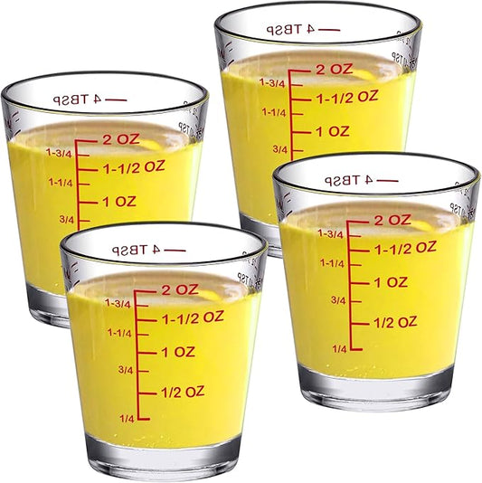 Amazing Abby - Melinda - 4-Pack Plastic Measuring Cups, 2-Ounce Unbreakable Shot Glasses, Food-Grade Measuring Jugs, Stackable and Dishwasher-Safe, Great for Espresso, Liquor, and More