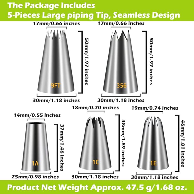 Suuker Large Piping Tips Set, Stainless Steel Cake Decorating Tips, 5 Pieces Frosting Icing Tips for Cake Decorating, Cupcakes, Cookie (1A 1E 1C 9FT 356)