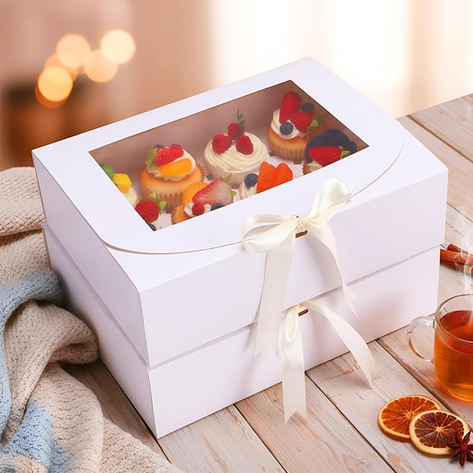 20 Pack White Cupcake Boxes with Window and Ribbon, 12 Count Food Grade Cupcake Boxes Treat Holders for Cookies Pastries Desserts Bakery Muffins Birthday Holiday Christmas Party Supplies