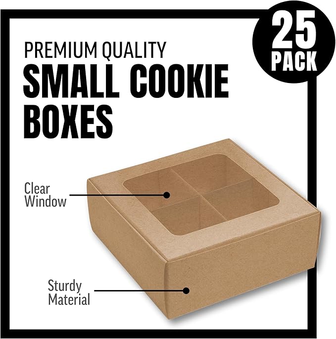 25 pcs Kraft Mini Cookie Boxes for 4 treats with Window and Dividers, Kraft Bakery Boxes, 6 x 6 x 2.4 Inches SMALL Baking Boxes, Square Cookies Box Decorating Supplies for Gift Giving