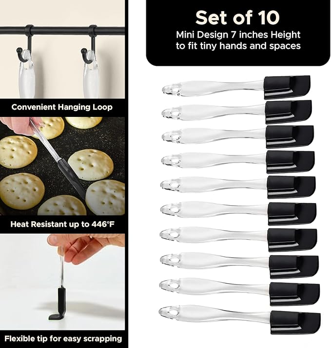 Mini Spatulas Set - 10 Piece Heat Resistant Silicone Spatula - Pro-Grade Multipurpose Kitchen Tool for Baking, Cooking, Mixing, and More - Non-Stick, Dishwasher Safe Bright and Small Spatula - Black