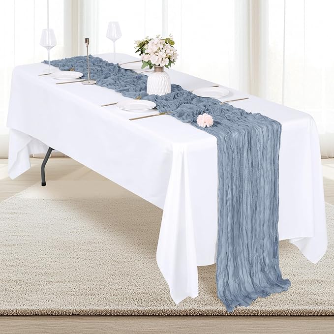 6 Pack Dusty Blue Cheesecloth Table Runner 17x108 Inch Semi Sheer Boho Gauze Cheese Cloth Fabric Table Runners, for Wedding Party Baby Shower Birthday Home Decor Garden Farmhouse