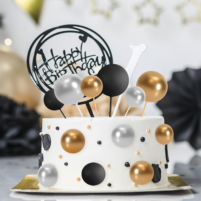 ASTARON 32 Pcs Ball Cake Topper Decorations Mini Balloons Cake Topper Sticks Foam Balls Cake Picks for Graduation Wedding Party Birthday Cake Decorations (Gold Silver Black)
