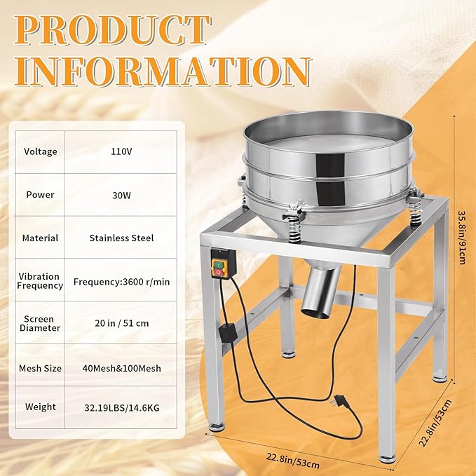 110V Electric Powder Sifter Machine, 19.6" Automatic Vibrating Flour Sieve Shaker with 40 Mesh & 100 Mesh Stainless Steel Screens, High-Speed Sifting Machine for Baking, Food