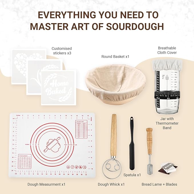 Sourdough Starter Kit | 34Oz Sourdough Bread Baking Supplies - Banneton Bread Proofing Basket, Sourdough kit Included 1x Bread Proofing Basket, Thermometer - Easy to Clean Banneton Basket
