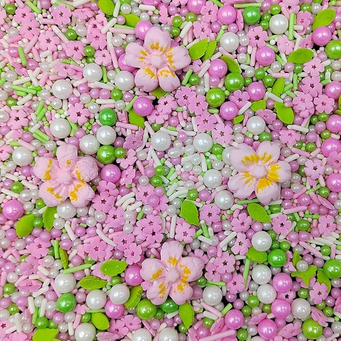 Homankit Edible Flowers for Cake Decorating Pink Flowers Sprinkles White Green Sugar Pearls Baking Cake Cupcake Toppers Cookie Dessert Decorations Birthday Party Supplies with 4 Large Flowers