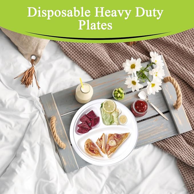 three leaf 10" 3 COMPARTMENT BAGASSE ROUND PLATE, 50 Ct. Heavy-Duty- Super Strong- Natural- Eco-Friendly Disposable Bagasse Plates, 100% Biodegradable 10 inch 3 compartment plates