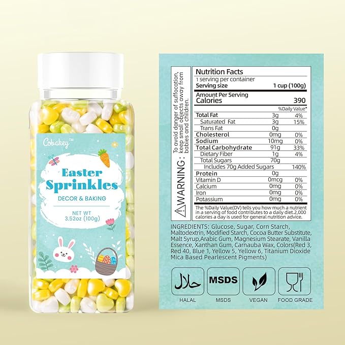 Cobakey Heart Sprinkles for Cookies 3.52 Ounce Spring Sprinkles for Baking Yellow & Green Edible Heart Perfect for Easter Cake Decorations, Baking, Ice Cream, Cookies, Cupcake Topper