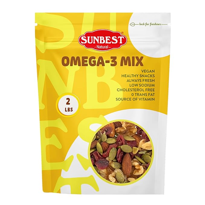 Sunbest Natural Omega-3 Trail Mix – 2 lb Bulk Bag – Mixed Nuts, Seeds & Dried Fruits – Non-GMO, Vegan, Healthy Snack – Perfect for On-the-Go & Outdoor Adventures
