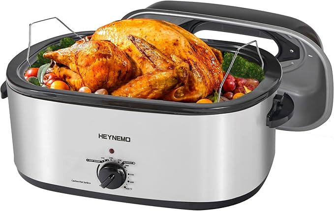 Roaster Oven 24 Quart, Electric Roaster Oven with Viewing Lid, Electric Turkey Roaster Pan with Defrost & Warm Function, Fast-Heating Turkey Roaster with Removable Pan & Rack, Stainless Steel, Sliver