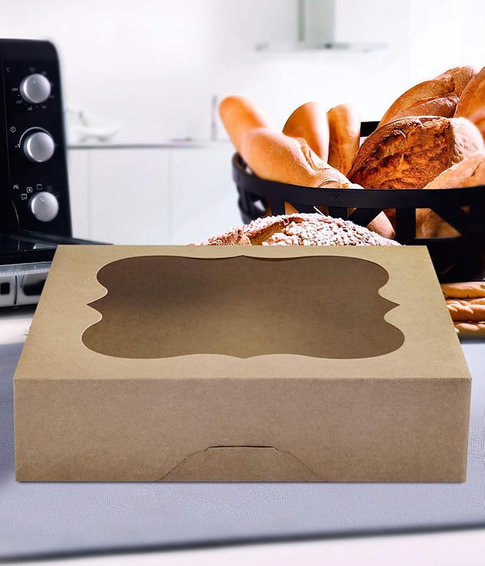 CHERRY 15-Pack 10"x10"x3"Brown Bakery Boxes with PVC Window for Pie and Cookies Boxes Small Natural Kraft Paper Box 10x10x3inch Pack of 15
