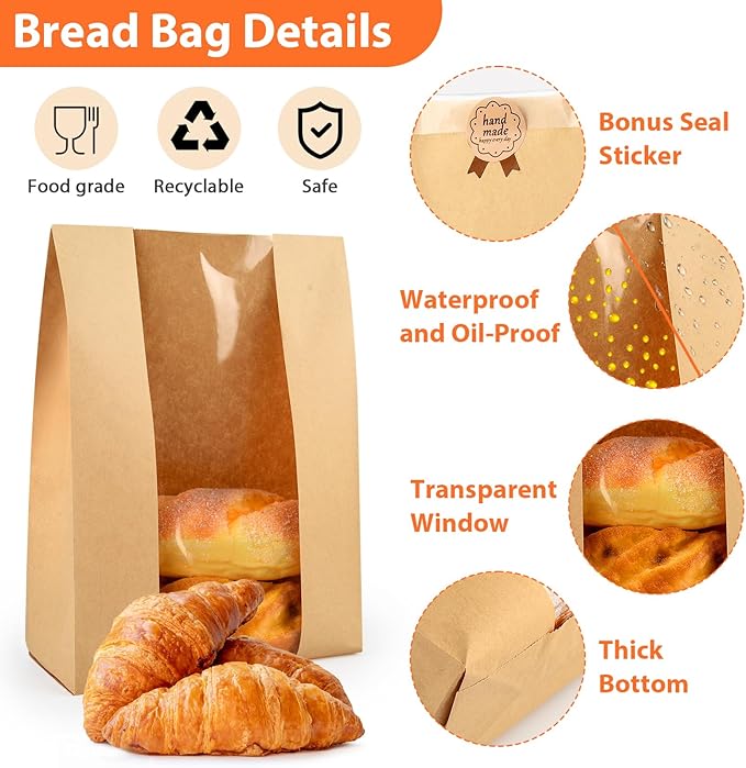 50 Pcs Bread Bags for Homemade, ROOKEA Sourdough Bread Bags with Window for Baked Paper Packaging with Sealing Stickers Bakery Cookie Food Snack Storage Large Kraft Paper 13.7x8.2x3.5 inch