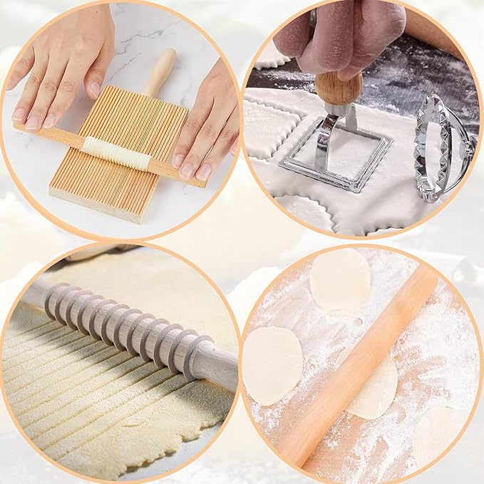 7 Pcs Pasta Making Tool Set Include (Wooden Cutter、Rolling Pin 、Gnocchi Board 、Wood with Roller、3 Ravioli Stamp Maker Cutter) for Kitchen Homemade Noodle
