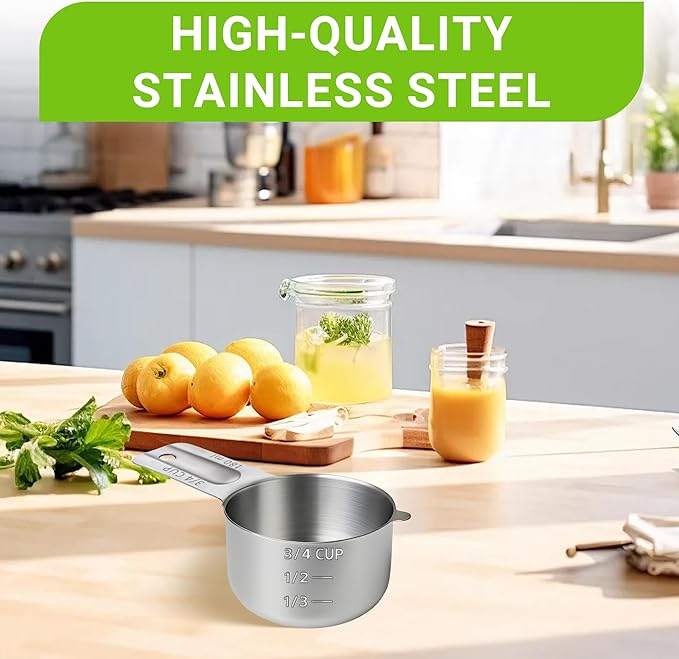 2 Pcs 3/4 Cup Measuring Cup, 180ml (6oz) Stainless Steel Scoop for Cooking, Baking, and Coffee, Dishwasher Safe, Dual Metric and US Measurement