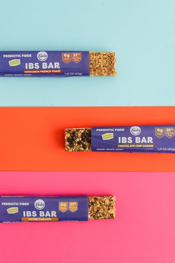 Fody Foods IBS Snack Bars, Chocolate Chip Cookie, 1.41 Oz (Pack of 12), 6g Prebiotic Fiber, Low FODMAP, Gut & IBS Friendly, Lactose Free, Non-GMO, Gluten Free