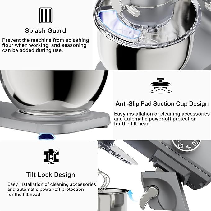 8.45 QT All Metal Dough Mixer,10 Speed Large Capacity Kitchen Stand Mixer with Digital Timer & Tilt-Head, Electric Mixer with Whisk Dough Hook Mixing Beater for Baking,Cakes,Cookie,Bread,Salad(Silver)