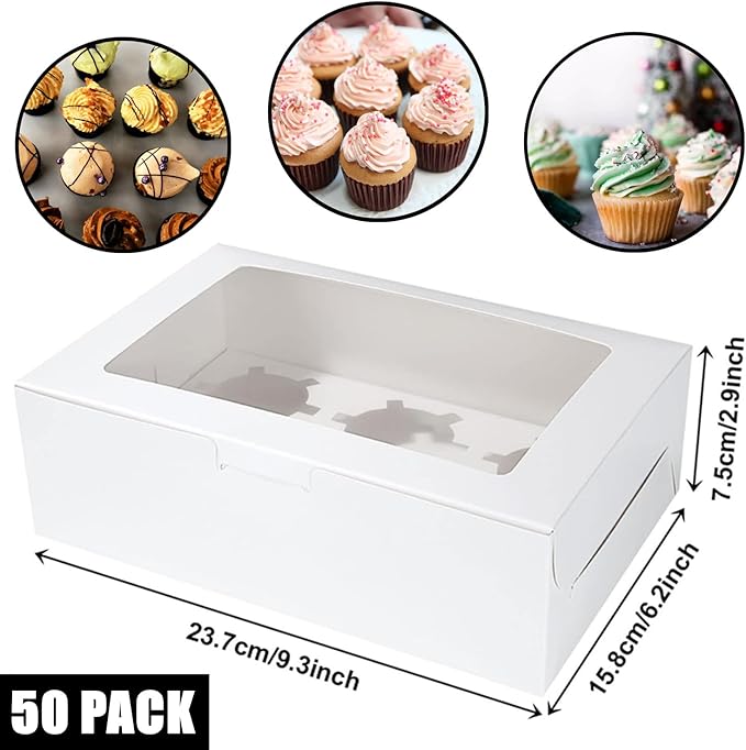 RHBLME 50 Pack Cupcake Boxes 6 Count, 9.3x6.2x2.9 Inch Cupcake Box Half Dozen Cupcake Boxes White Cupcake Containers with Clear Window, 6 Cupcake Box for Cupcakes Muffins Cookies Pastries