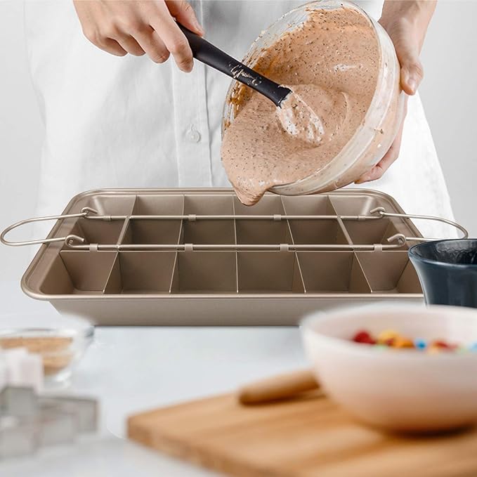 Brownie Pan with Dividers, Non-Stick Backing Pan, 18 Pre-slice All Edges, Muffin and Cupcake for Baking, Brownie Bites - 12 X 8 X 2 Inches