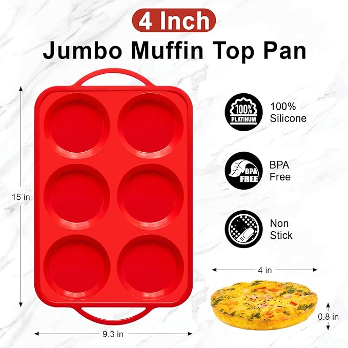 4 Inch Jumbo Size Muffin Top Pan with Metal Frames, Silicone Egg Mold for Breakfast Sandwiches, Egg Bite Baking Tray, BPA Free & Non-Stick