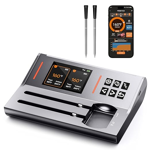 Wireless Meat Thermometer 2 Probes, Bluetooth Smart Meat Thermometer Digital Wireless Remote Tracking and Real-Time Readings, Standalone Base & Thinnest Probe, iOS and Android, for Grill, BBQ, Smoker