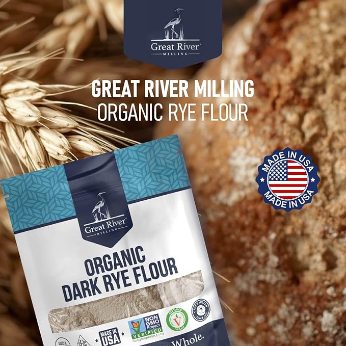 Great River Milling Organic Dark Rye Flour | Whole Grain, Non-GMO, Kosher, Unbromated | Earthy Flavor for Rye Bread, Sourdough Starter, Bagels, Crackers & Artisan Baking | 2 Lb