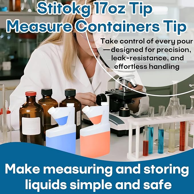 17oz Tip & Pour Measuring Containers with Lids (2 Pcs) – Plastic Tip Measure Bottles, Up to 2oz Precise Measuring Capacity, Reusable Measuring Cups, No Extra Measuring Cup Needed