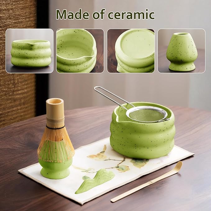 cjc Matcha Whisk Set, 7-Pcs Matcha Set for Gift- 18 oz Ceramic Matcha Bowl with Spout, Bamboo Whisk, Scoop, Holder, Sifter ect.,Japanese Ceremony Kit for Matcha Lover Beginner/Green