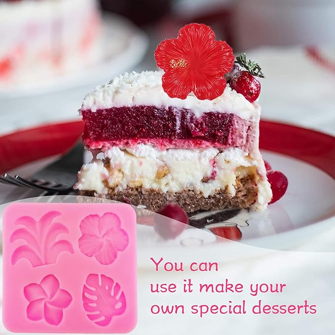 4 Pcs Tropical Flowers Leaves Mold Fan Leaf Fondant Mold Hibiscus Flower Monstera Leafage Palm Leaf Plumeria Flower Silicone Molds for DIY Chocolate Candy Cupcake Cake Topper Hawaiian Party Decoration