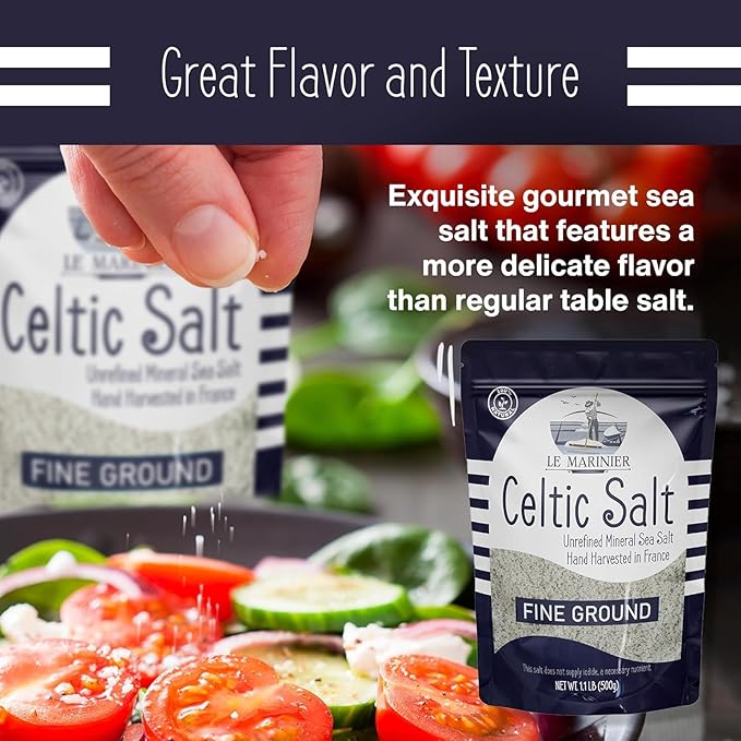 Le Marinier Celtic Salt Organic Fine Ground, 1.1lb - 18oz, Pack of 2. Mineral Rich Unrefined 100% Natural, Hand Harvested Mineral French Sea Salt (1.1lb Fine Ground - Pack of 2)