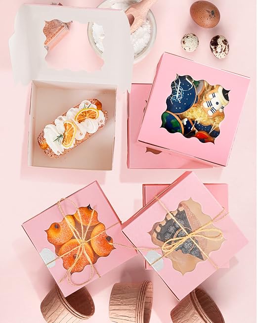 qiqee Pink Bakery Box with Window 100packs 6x6x3 Pink Cookie Boxes Pastry Box for Wedding Favor Birthday ＆ Party