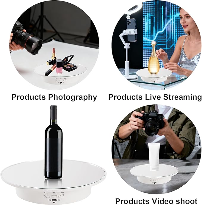 7.87'' Rotating Display Stand Motorized Rotating Display Stand, 22 lbs Load Electric Turntable with Mirror Cover, Lazy Susan Showcase with USB for Jewelry Photography 3D Model Cake, White