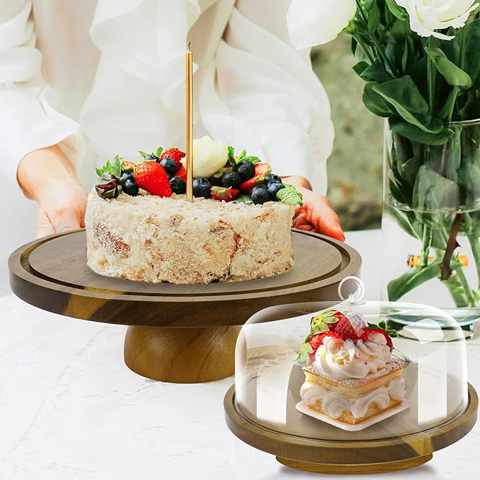 Set of 2 Acacia Wood Cake Stand with Acrylic Lid, 11.81'' Cake Plates and 9.84'' Rotating Cake Holder for Party, Wedding