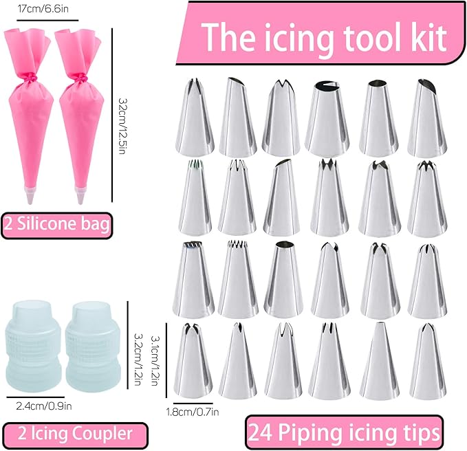 36Pcs Pink Piping Bags & Tips Set,24 Stainless Steel Nozzle Icing Tips With 2 Reusable Silicone Pastry Bag,Icing Smoother,Silicone Baking Cups,2Couplers Cake Decorating Tools Kit For Baking Decorating