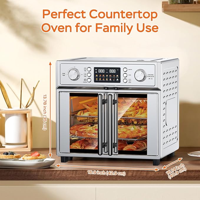 27.5QT French Door Air Fryer Toaster Oven Combo, Countertop Oven with 14 Presets & Digital Control, Stainless Steel Large Toaster Oven for Baking, Roasting, Includes Accessories,Silver