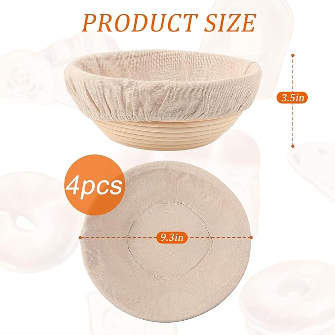 9 inch Round Banneton Bread Proofing Basket Sourdough Bread Baking Supplies Set of 4 Sourdough Starter Kit Baking Gifts