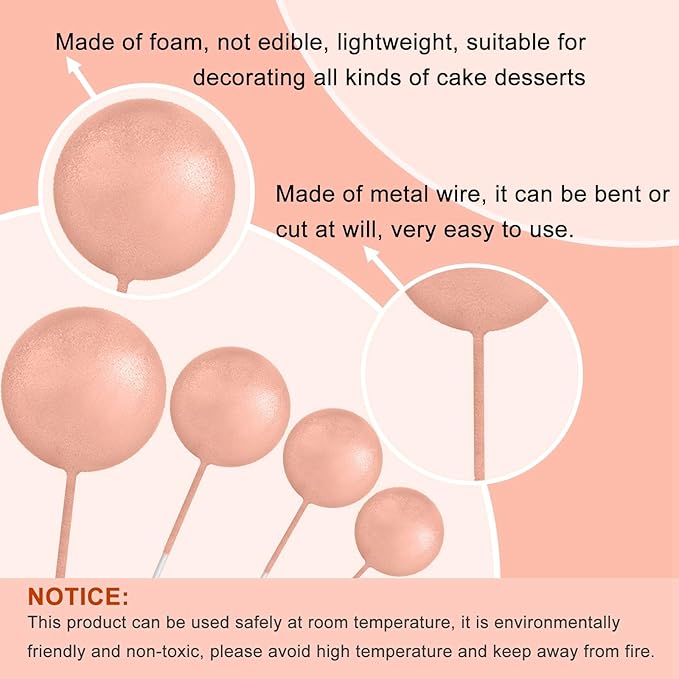 ASTARON 32 Pcs Ball Cake Topper Decorations Mini Balloons Cake Topper Sticks Foam Balls Cake Picks Cake Topper Balls Cake Decorations for Wedding Party Birthday Cake Decorations (Rose gold，Pink)
