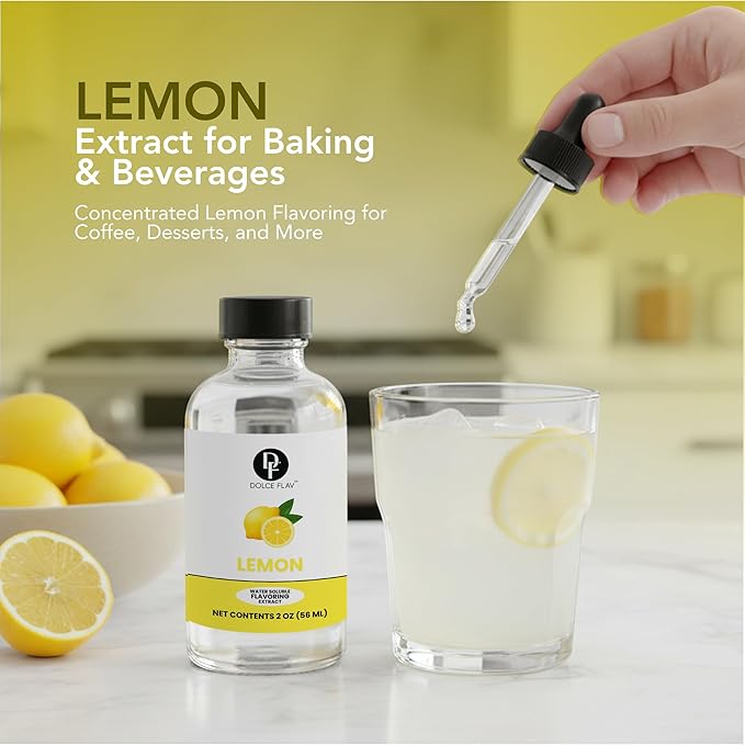 Natural Lemon Extract – Crisp Lemon Flavoring for Drinks, Baking, Desserts, Cocktails & Mocktails | 2 oz Glass Bottle with Graduated Dropper | Fresh Citrus Taste | Dolce Flav