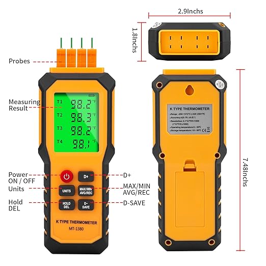 4-Channel K-Type Temperature Thermometer with LCD Backlight Measurement Range- 328℉-2501℉,YMZMeter Data Logger Comes 4 PCS Thermocouple Probe Sensor -104℉-752 ℉ 9V Battery Included.