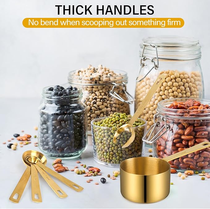 Stainless Steel Measuring Cups & Spoons Set, 8 Piece Stackable Accurate Tablespoon, Kitchen Gadgets for Cooking & Baking, Large, Golden