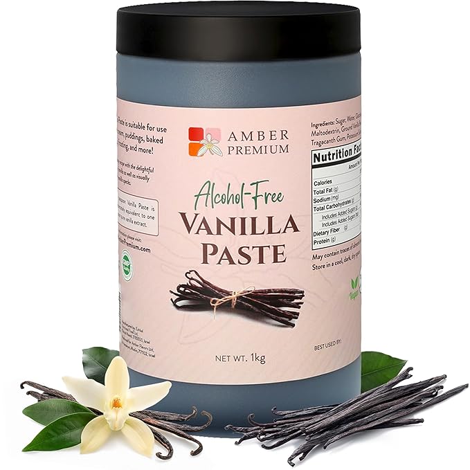 Amber Premium Alcohol Free Vanilla Bean Paste 1 kg / 27 fl oz (US) - Made with Authentic Madagascar Vanilla Beans - Vegan, Kosher, Chef Recommended for Baking, Desserts, and Pastries