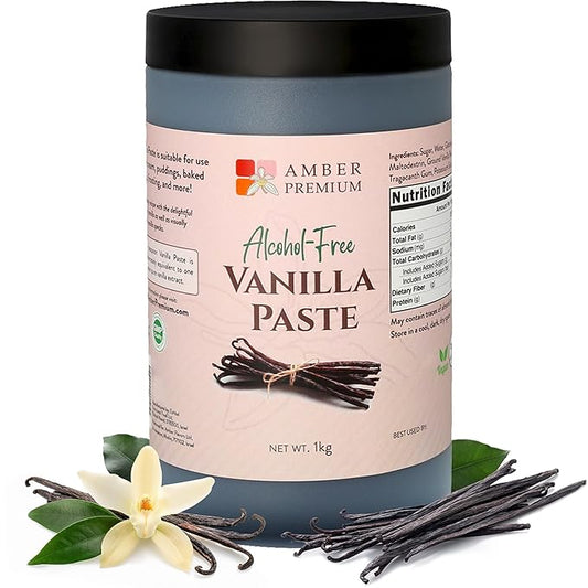 Amber Premium Alcohol Free Vanilla Bean Paste 1 kg / 27 fl oz (US) - Made with Authentic Madagascar Vanilla Beans - Vegan, Kosher, Chef Recommended for Baking, Desserts, and Pastries