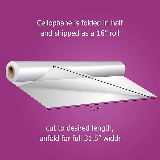 Purple Q Crafts Clear Cellophane Wrap - 31.5 Inch Wide, 1.2 Mil Thick Roll for Gifts, Flowers, Food (Folds to 16", Unfolds to 31.5" Wide) (32" x50' Roll)