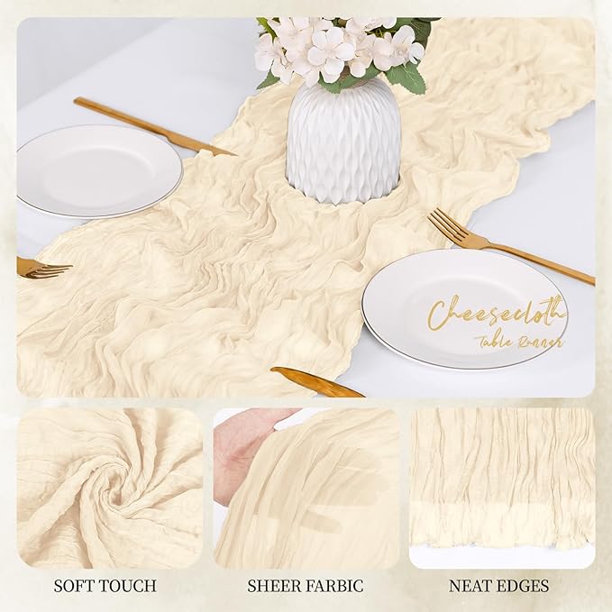 12 Pack Ivory Cheesecloth Table Runner 17x108 Inch Semi Sheer Boho Gauze Cheese Cloth Fabric Table Runners, for Wedding Party Baby Shower Birthday Home Decor Garden Farmhouse