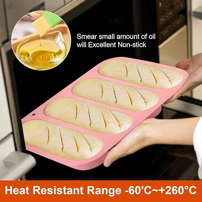 2 Pack Silicone Hot Dog Bun Pans, 6x9 Inch Non-Stick Baking Mold – Perfect for Homemade Hotdog Buns, Mini Baguettes & Rolls – Dishwasher Safe, 4-Cup Capacity (Pink)