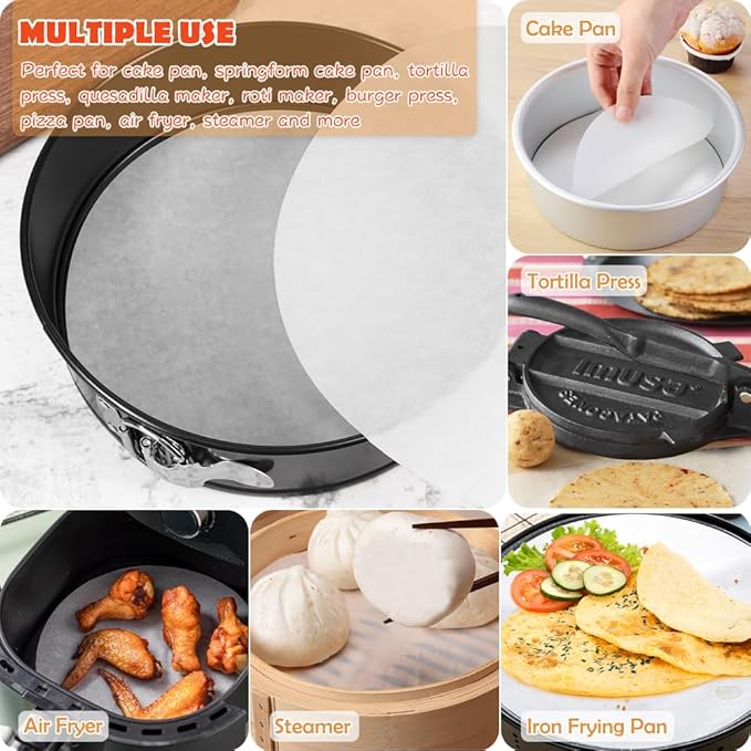 9 Inch Round Parchment Paper, Set of 200, Non Stick Baking Parchment Rounds/Round Baking Paper for Springform Pan, Tortilla Press, Air Fryer and More（4.5/5.5/6/7/8/10/12in Available）