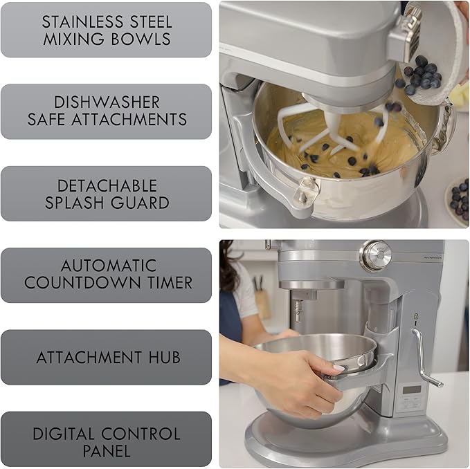Kenmore Elite 600W Bowl Lift Stand Mixer - Digital 10 Speed Mixing, Electric, Countertop, Heavy Duty, Kitchen Appliance, 5 & 6 Qt Stainless Steel Bowls With Flat Beater, Whisk, Dough Hook Attachments